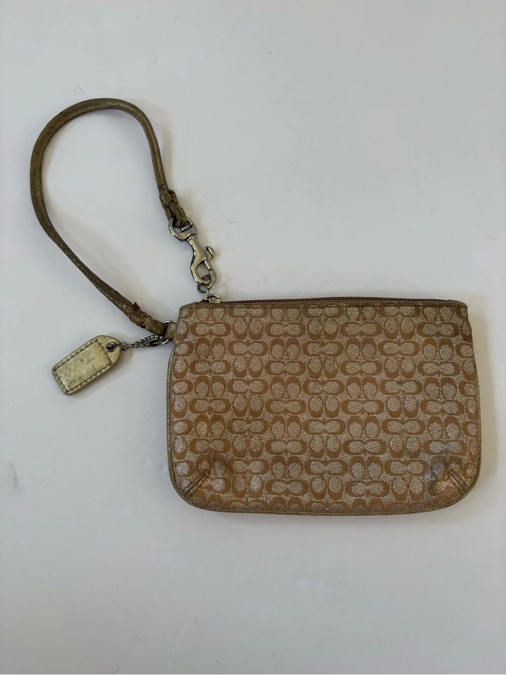 VNTG Authentic Coach Gold‎ Lurex Wristlet Clutch Mettalic Textile Jacquard Logo